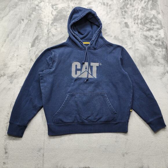 CAT Hoodie Mens M Blue Gray Embroidered Trademark Pullover Heavyweight Fleece - Picture 1 of 13